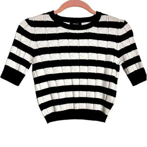 Striped pointelle summer sweater, S-M, crewneck, black white, cropped, Pretty